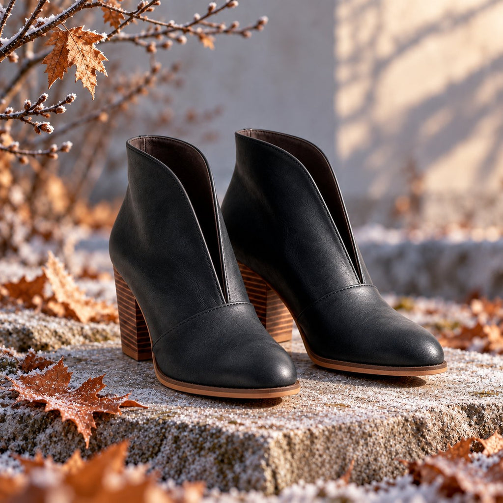 Damen Stiefeletten mit V-Schnitt und Blockabsatz