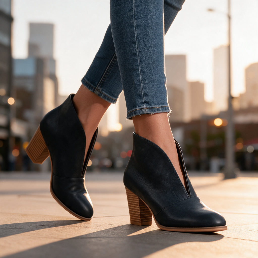 Damen Stiefeletten mit V-Schnitt und Blockabsatz