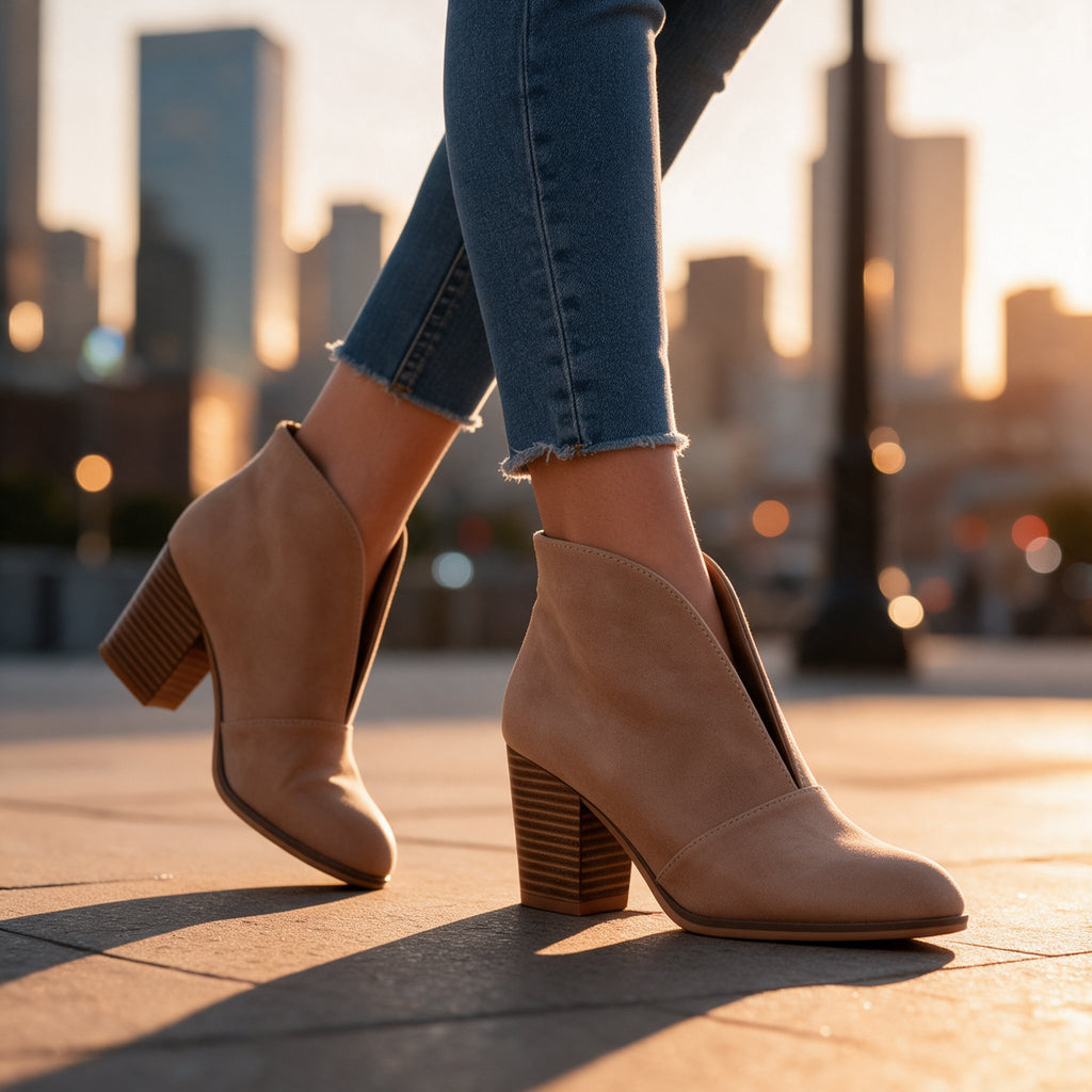 Damen Stiefeletten mit V-Schnitt und Blockabsatz
