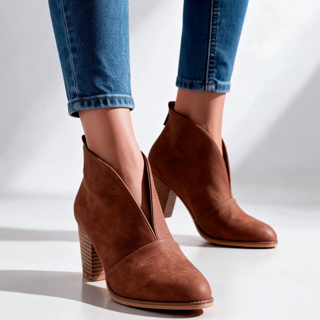 Damen Stiefeletten mit V-Schnitt und Blockabsatz