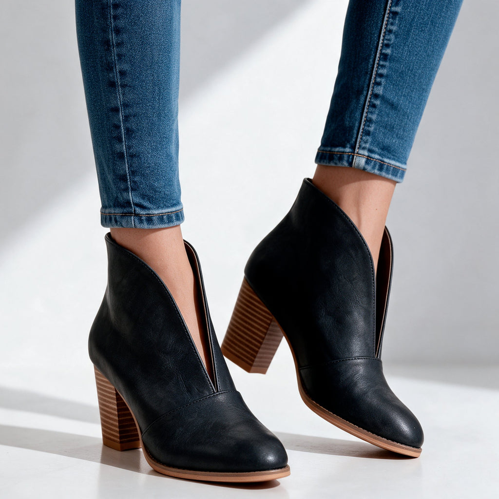Damen Stiefeletten mit V-Schnitt und Blockabsatz