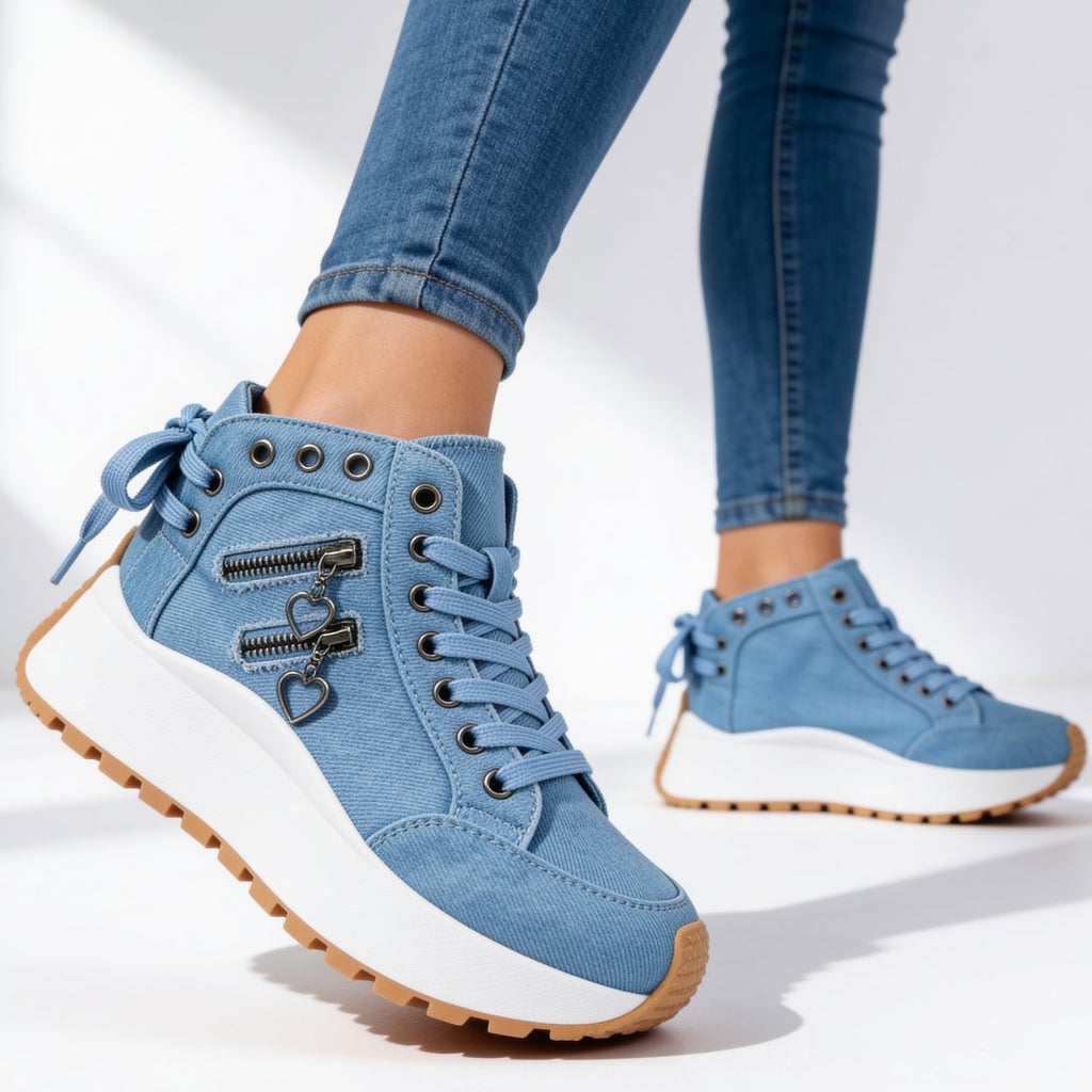 Damen Schicke Plateau-Sneaker mit Herzcharm-Zipper