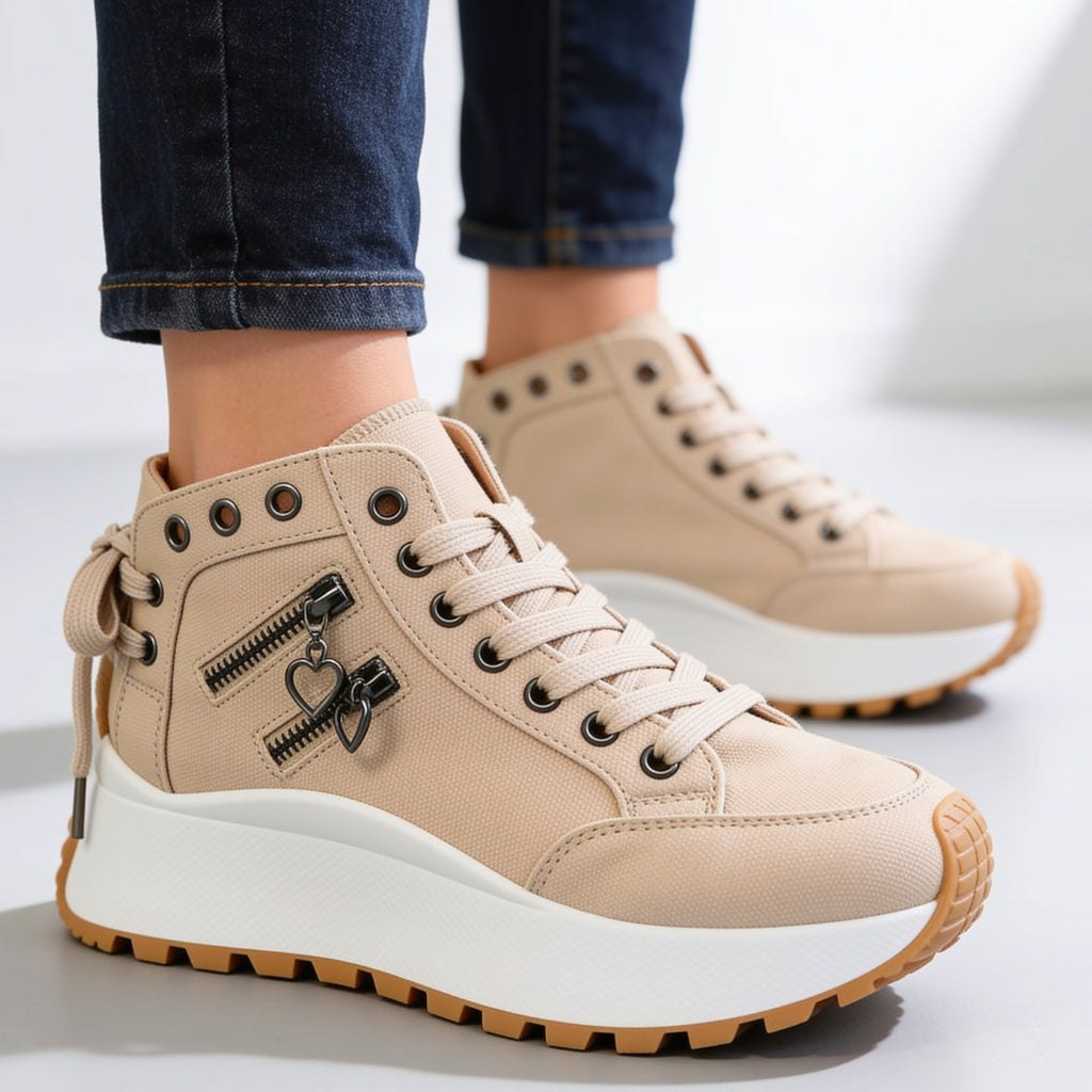 Damen Schicke Plateau-Sneaker mit Herzcharm-Zipper