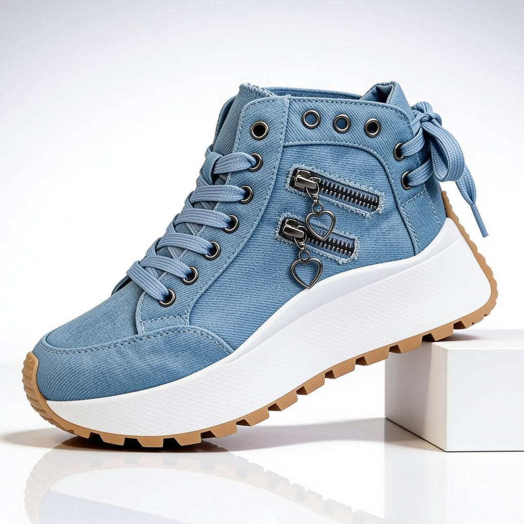 Damen Schicke Plateau-Sneaker mit Herzcharm-Zipper