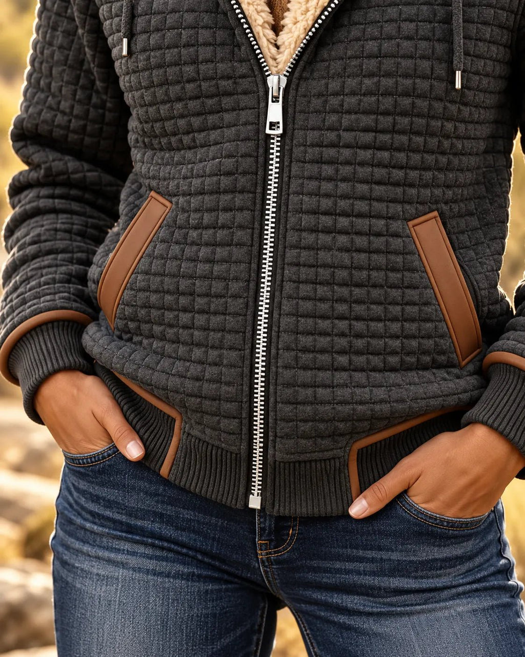 Damen Gemütliche Sherpa-Steppjacke mit Kapuze