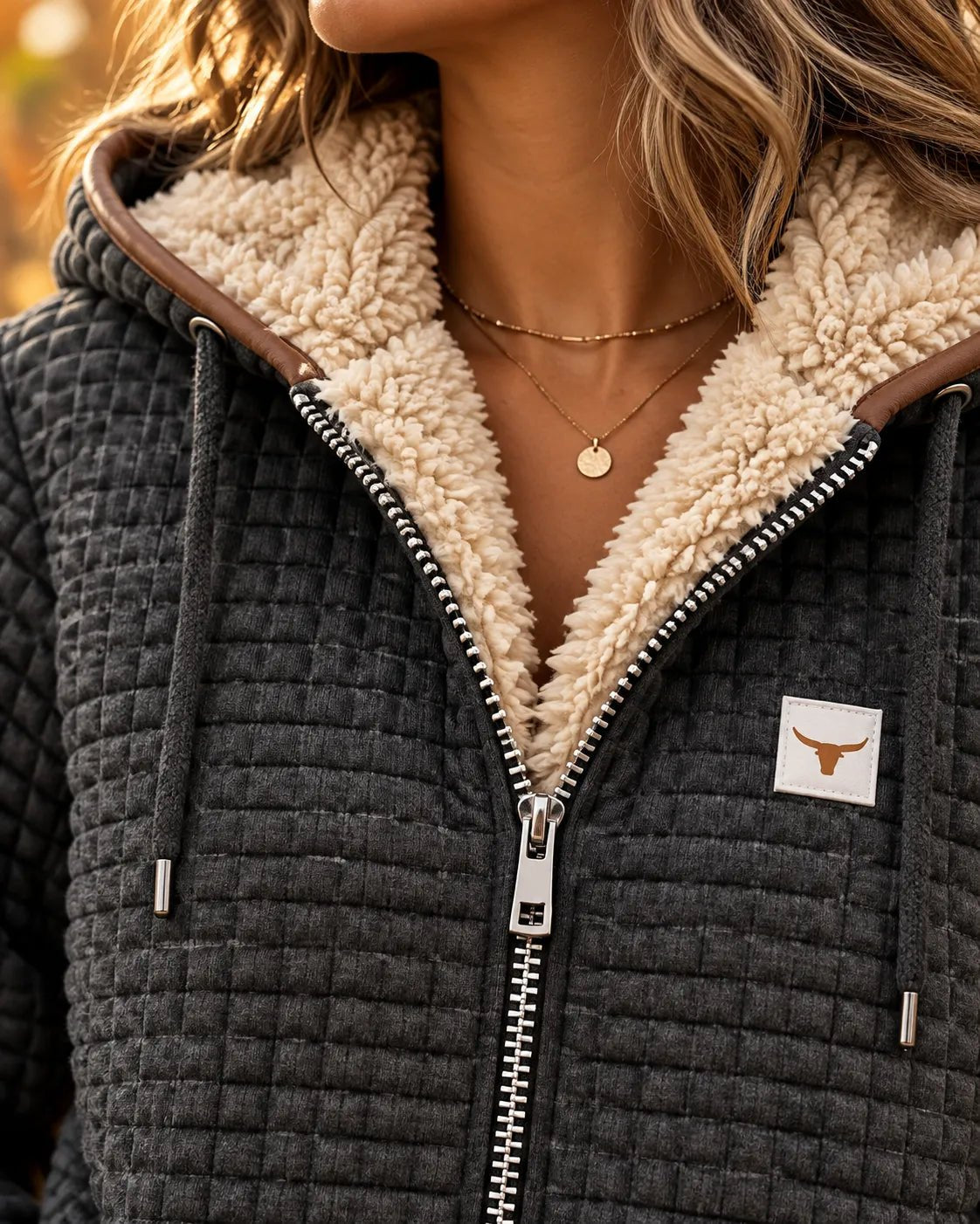Damen Gemütliche Sherpa-Steppjacke mit Kapuze