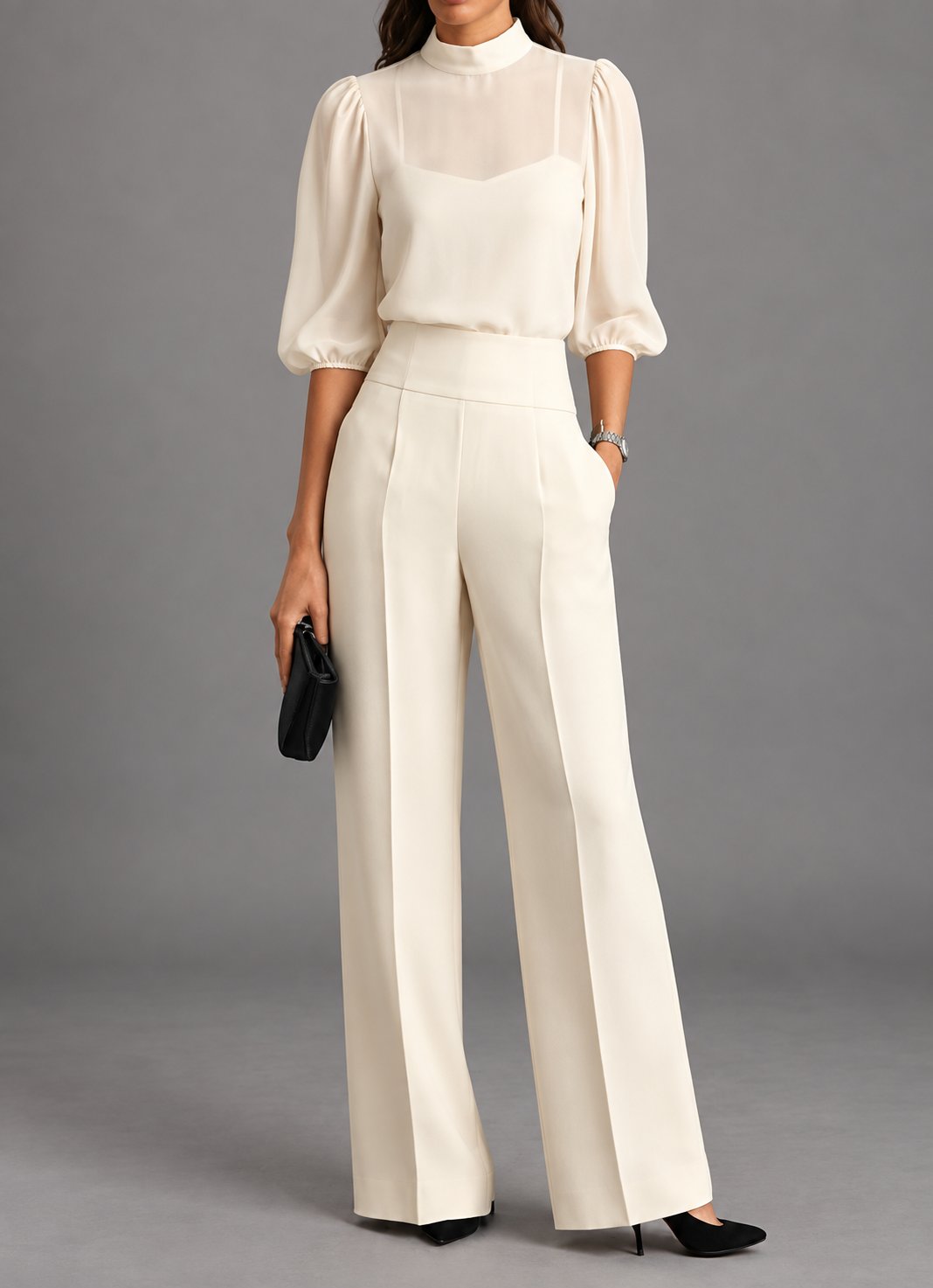 Damen Eleganter Zweiteiler mit Stehkragen-Bluse
