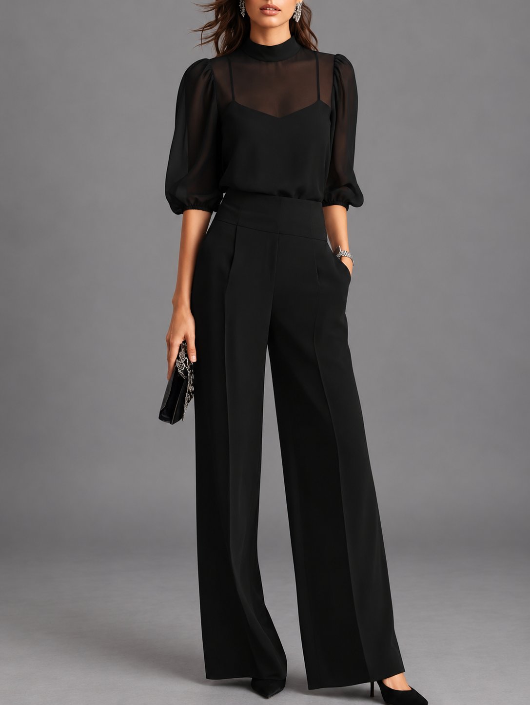 Damen Eleganter Zweiteiler mit Stehkragen-Bluse