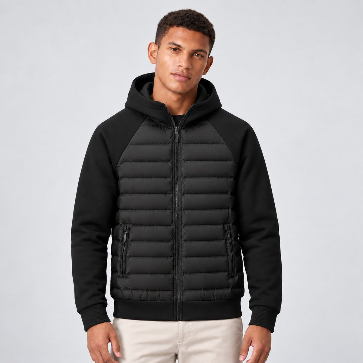 Herren Daunenjacke mit Kapuze und Sweat-Ärmeln