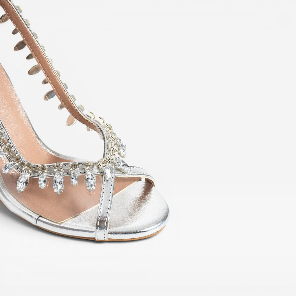 Damen Kristall Ketten Absätze – Elegante Metallic Silber Riemchen Stiletto für Hochzeitsgäste und besondere Anlässe