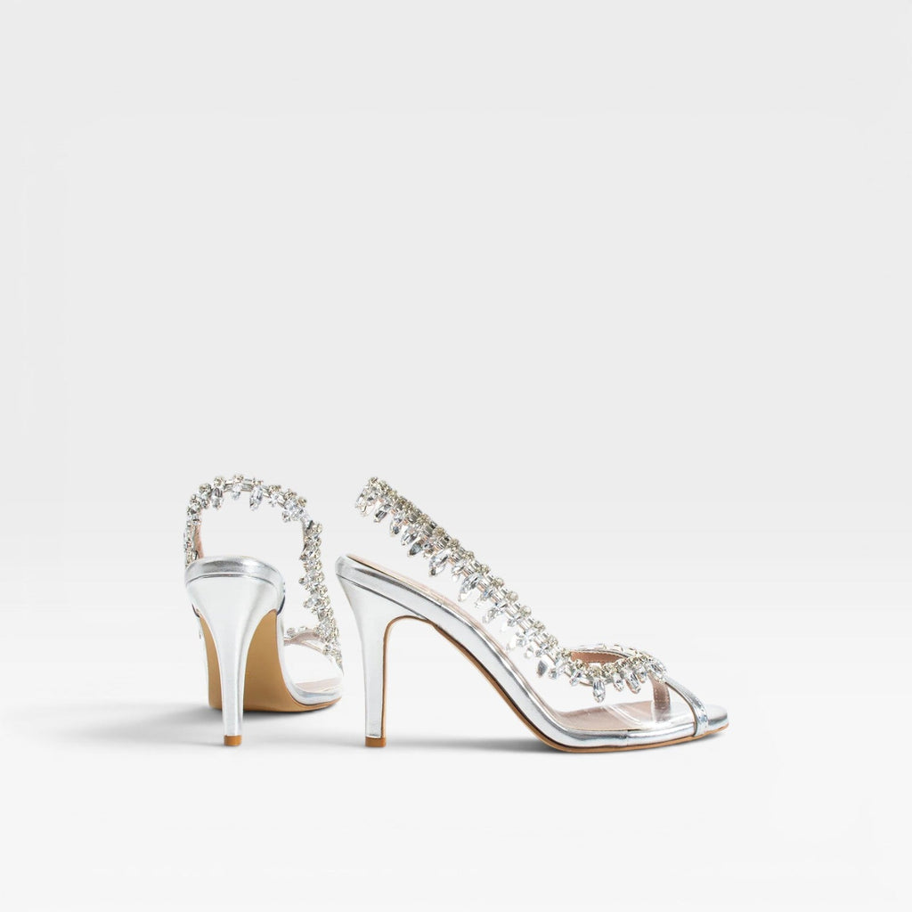 Damen Kristall Ketten Absätze – Elegante Metallic Silber Riemchen Stiletto für Hochzeitsgäste und besondere Anlässe