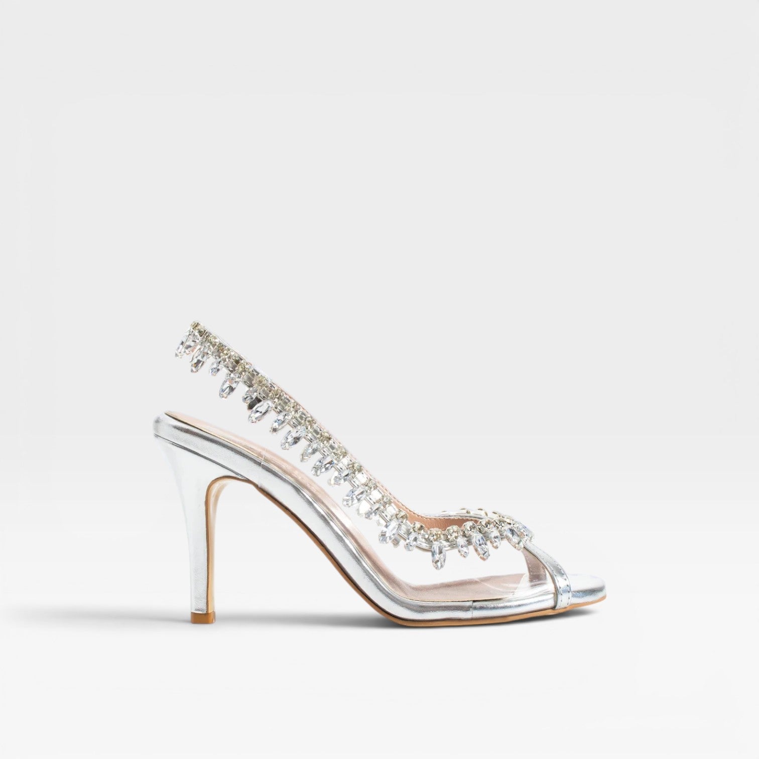 Damen Kristall Ketten Absätze – Elegante Metallic Silber Riemchen Stiletto für Hochzeitsgäste und besondere Anlässe